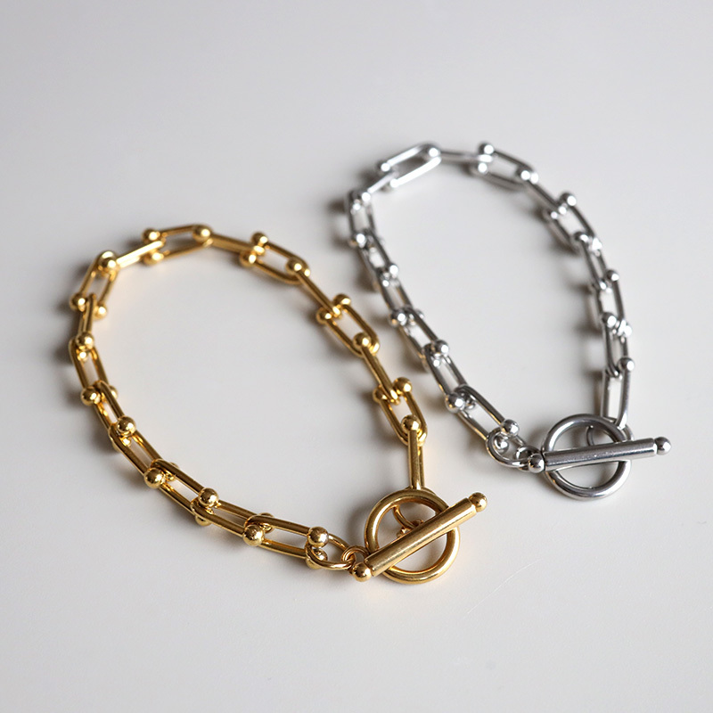 ステンレス マンテル チェーンブレスレット U 2カラー レディース アクセサリー デザインチェーン ボール 縦長 リンク 個性的 モダン スタイリッシュ 上品 カジュアル きれいめ 手元コーデ 重ね付け 金属アレルギー対応