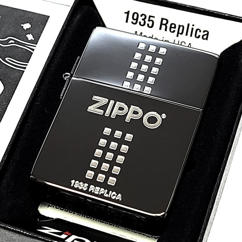 ZIPPO 1935 ジッポ ライター ロゴ ブラックニッケル 黒 角型 外ヒンジ 3バレル エッチング彫刻 銀差し シンプル かっこいい 高級 ギフト メンズ プレゼント
