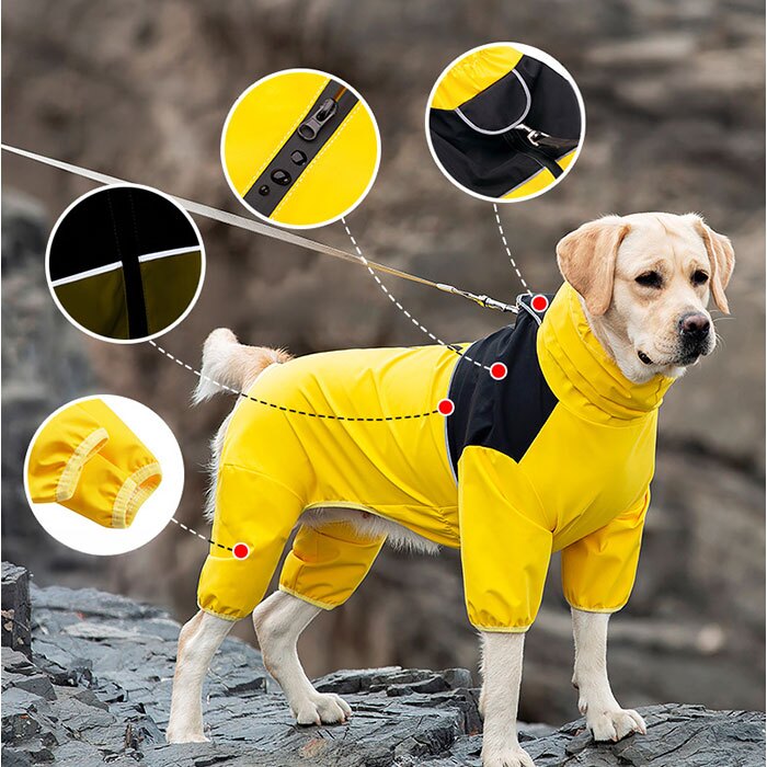 犬 レインコート フルカバー 通販 犬用カッパつなぎ ドッグウェア 背中ファスナー式 お腹泥よけカバー 雨具レインウエア お散歩グッズ 犬服 はっ水 撥水加工 着せやすい犬服 リード穴付 ハイネック仕様 フードなし設計 梅雨対策 ペット用品