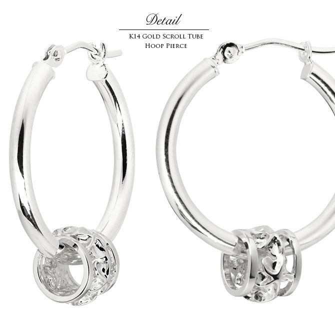 ハワイアンジュエリー フープピアス ピアス ホワイトゴールド ピアス 外径20mm クロッシングピアス プルメリア 透かし バレル 樽 大ぶり ゴールド 揺れる 片耳(1個)購入可 K14ホワイトゴールド 20G ゲージ BY THE SEA バイザシー プレゼント ハロウィン 【品番：GE231W】