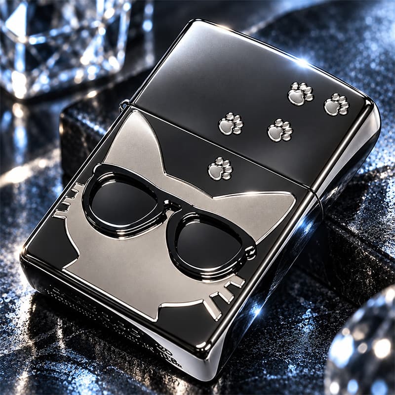 ZIPPO ねこ ライター サングラス 足跡 ジッポ 猫 かわいい ユニーク ブラックニッケル 銀差し キャット メタル貼り ネコ 女性 シルバー 黒 レディース ギフト メンズ プレゼント