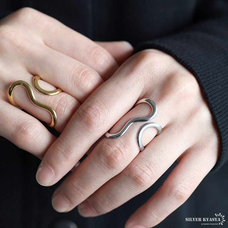 ステンレス 大ぶり ニュアンスリング ワイヤーリング 透かし 個性的 変形リング ゴールド 18K GP シルバー フリーサイズ レディース 女性 指輪 金属アレルギー対応
