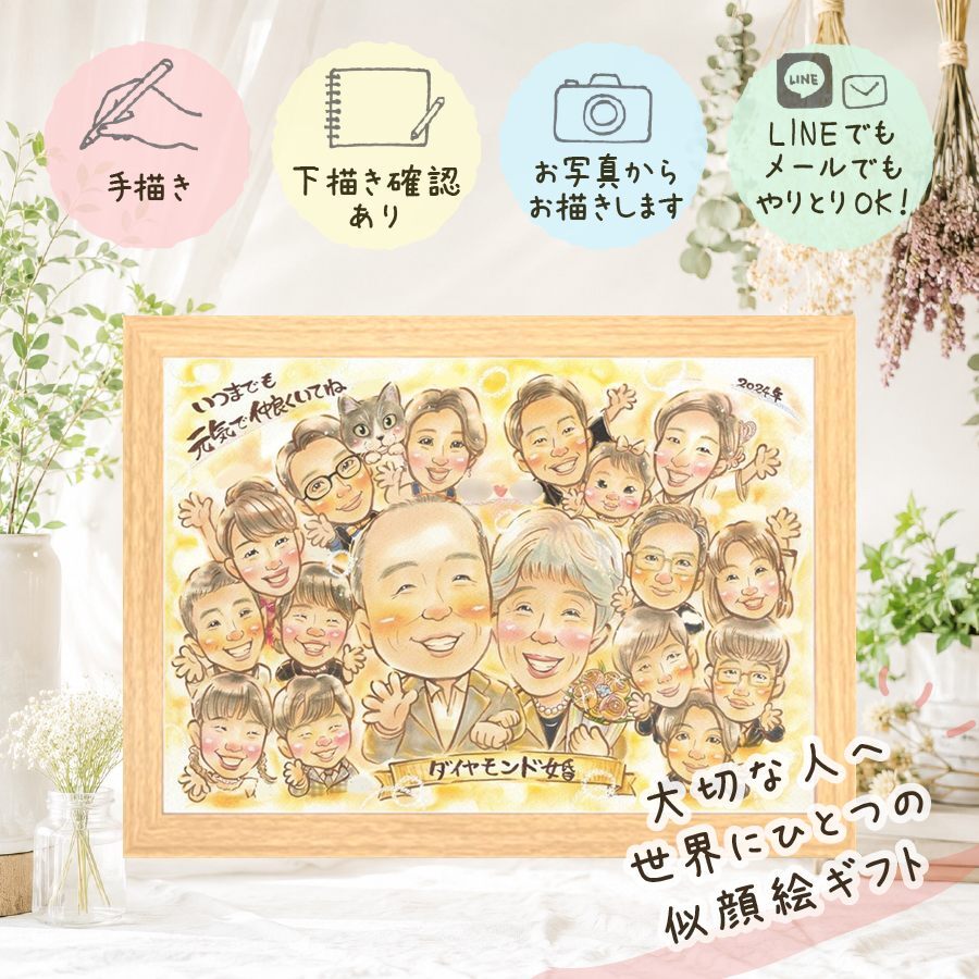 結婚記念日 似顔絵 贈り物 プレゼント 名入れ 手描き ギフト ダイヤモンド婚式 記念日 結婚記念日 お祝い 結婚60周年 大人数 お父さん 両親 ご夫婦 祖父母 夫婦 家族 下書き確認 名入れ 修正無料 かわいい 親孝行 宝物 一生もの 60周年 感謝 長寿 思い出 古希祝い お祝いの品 感謝の品 大量注文 闘病中の方への励まし 披露宴 初任給 長寿祝い 感激