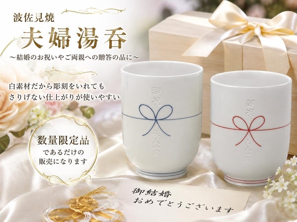 敬老の日 名入れ ペアギフト SXX 波佐見焼 夫婦湯呑 手書きリボン結び 赤 青 2点 木箱入り / プレゼント ギフト 両親 夫婦 結婚 金婚式 銀婚式 退職 記念 誕生日 長寿 祝い 数量限定商品
