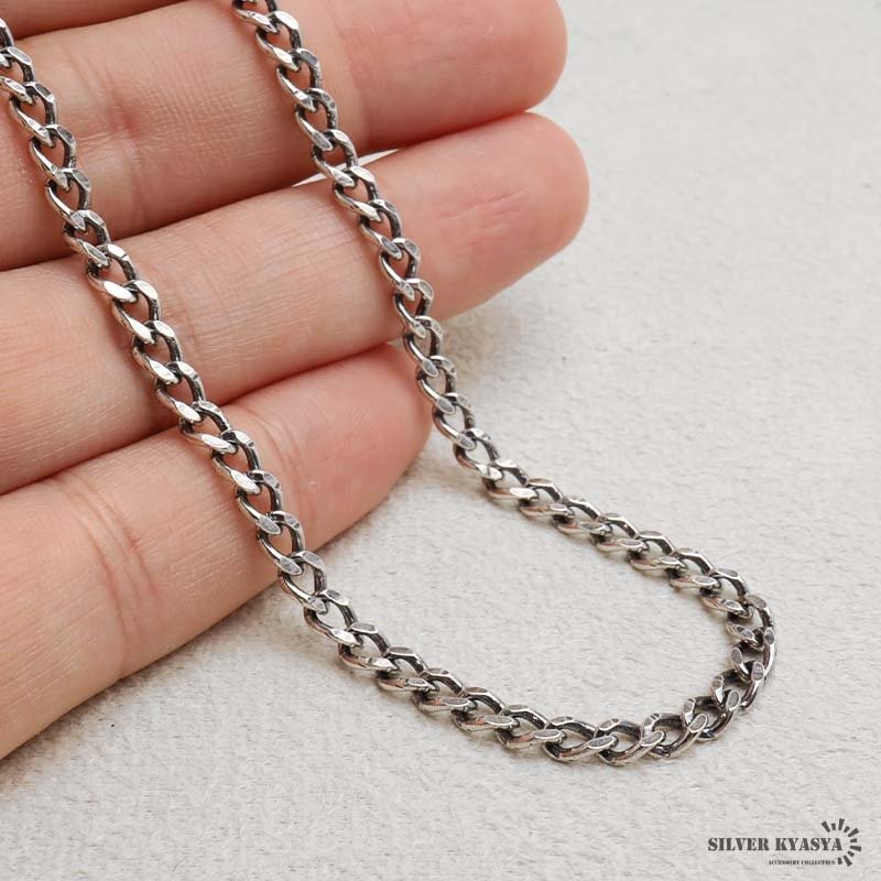シルバー925 喜平ネックレス チェーンネックレス 幅4mm 長さ4サイズ シルバーネックレス アンティーク 細身 シンプル 重厚感 普段使い 中折れ メンズ 男性 金属アレルギー対応