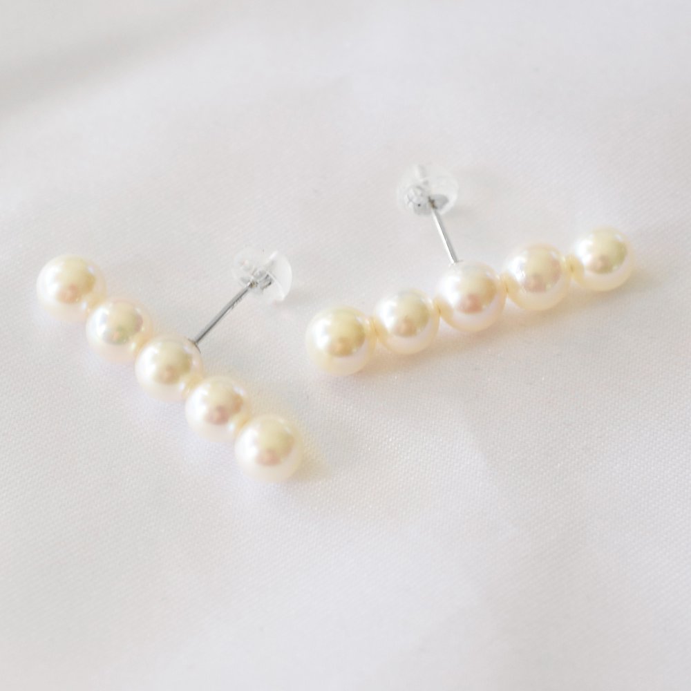 ［pearl24］ 5.5mm - 6mm ホワイトピンク ベビーパール 5連 ライン ピアス あこや真珠 本真珠 熊本 天草 真珠