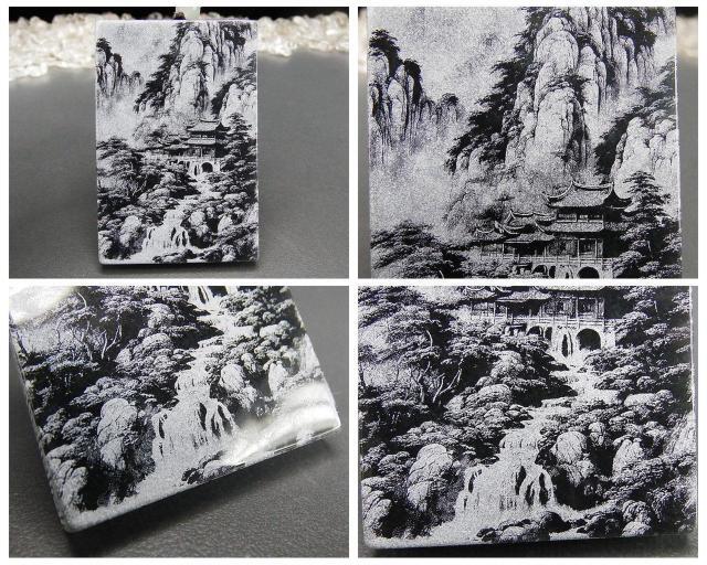 天然石4A黒ひすい本翡翠ジェダイト観音様景観画両面フロスト加工紐ネックレス