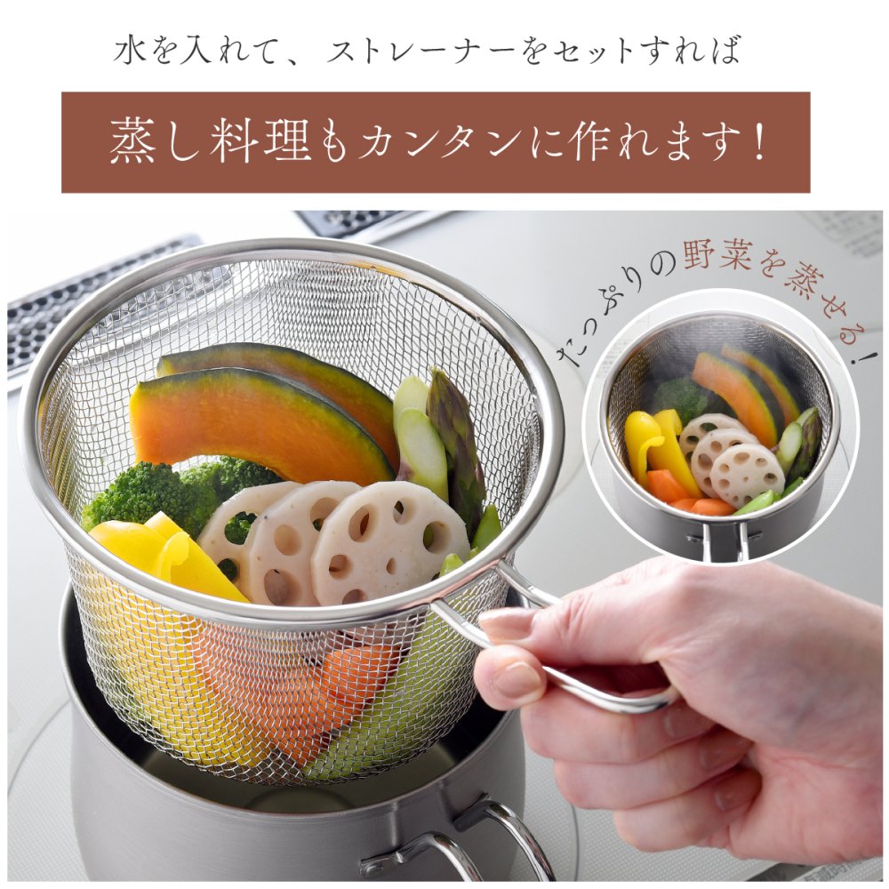 マルチポット 14cm ストレーナー付き 逸品物創 ステンレス 燕三条 日本製 2.1L 1台9役 片手鍋 湯切り 蒸し料理 揚げ物 茹でる 炊く 保存 IH対応 ガス対応 食洗機対応 ガラス蓋 多用途鍋 一人暮らし コンパクト 新生活 結婚祝い 敬老の日 ギフト