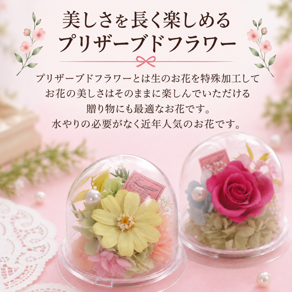 敬老の日 プレゼント プリザーブドフラワー ミニ ドーム バラ ジニア 小 おしゃれ かわいい ピンク イエロー 枯れない花贈答  プレゼント お祝い 誕生日 結婚記念日 母の日 父の日 敬老の日 プチギフト 卒業 退職 送別 入園 コンパクト インテリア お花とハンカチセット