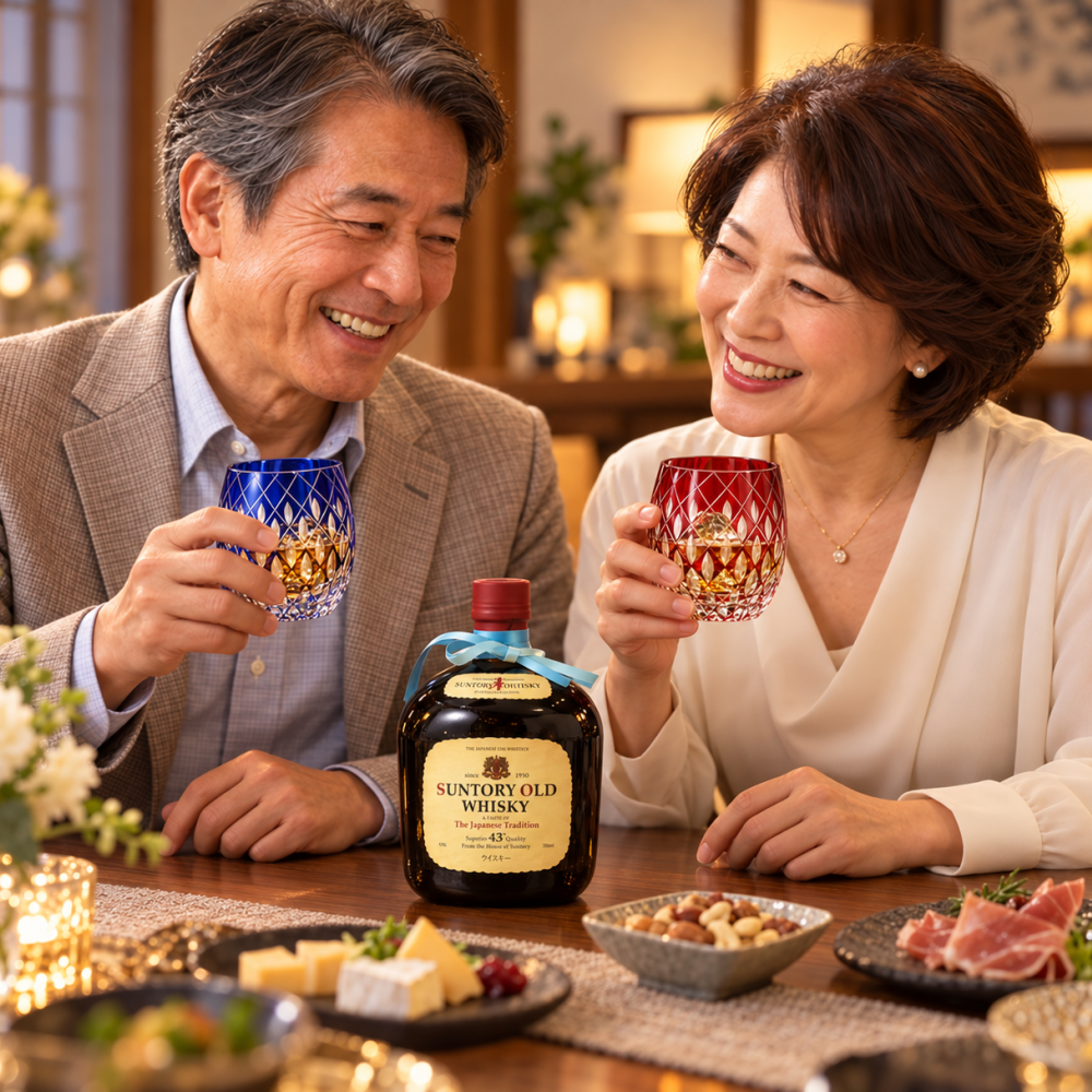 退職 異動 名入れ ペアギフト SXX 酒セット サントリーウイスキーオールド 700ml & 切子 丸型ロックグラス 玉響 青 赤 2点 リボン付 木箱入り / プレゼント ギフト 両親 夫婦 結婚 金婚式 銀婚式 退職 記念 誕生日 長寿 祝い 数量限定