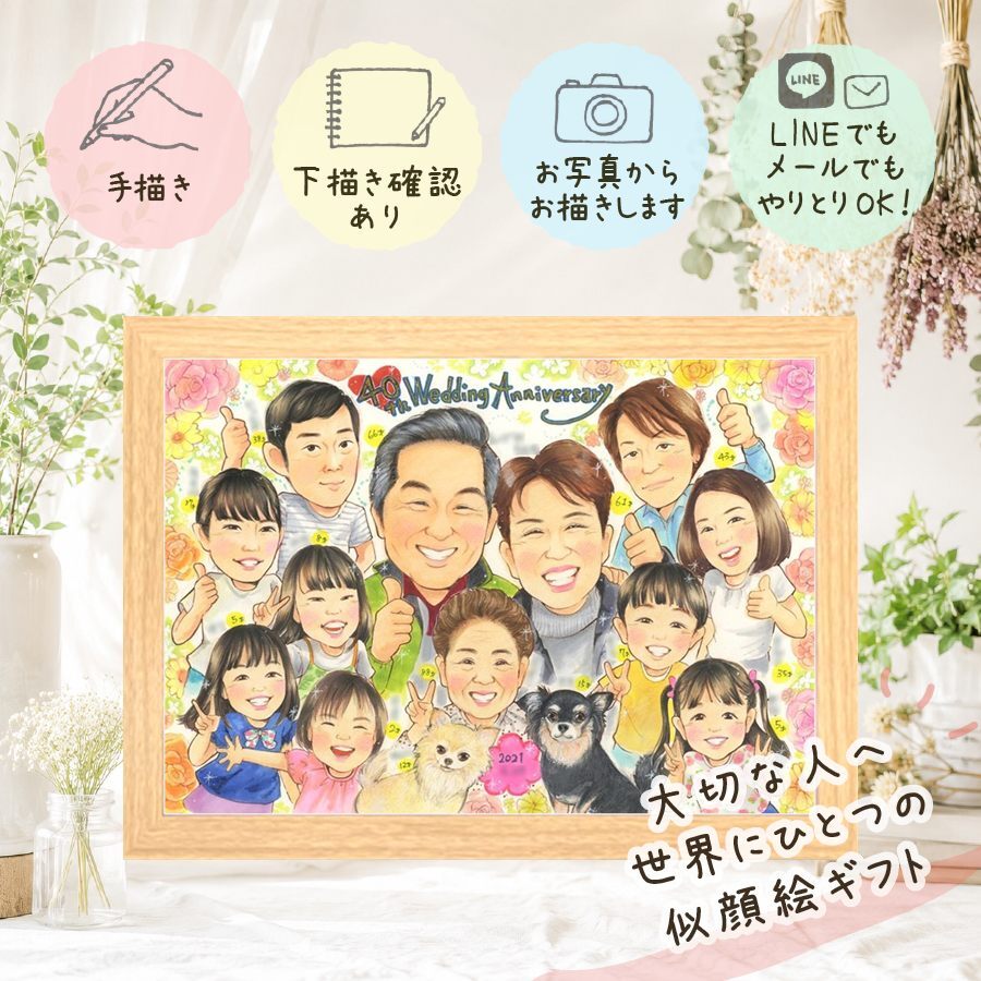 プレゼント 似顔絵 結婚記念日 手描き ギフト 贈り物 名入れ ルビー婚式 結婚40周年 結婚記念日 お祝い 記念日 大人数 夫婦 家族 両親 お父さん ご夫婦 下書き確認 修正無料 名入れ 実績多数 一生もの 宝物 似てる 40周年 感謝 思い出 記念 喜寿祝い メモリアルギフト お祝いの品 卒寿祝い 色紙 長寿祝い 節目 披露宴 ホワイトデー お祝い返し