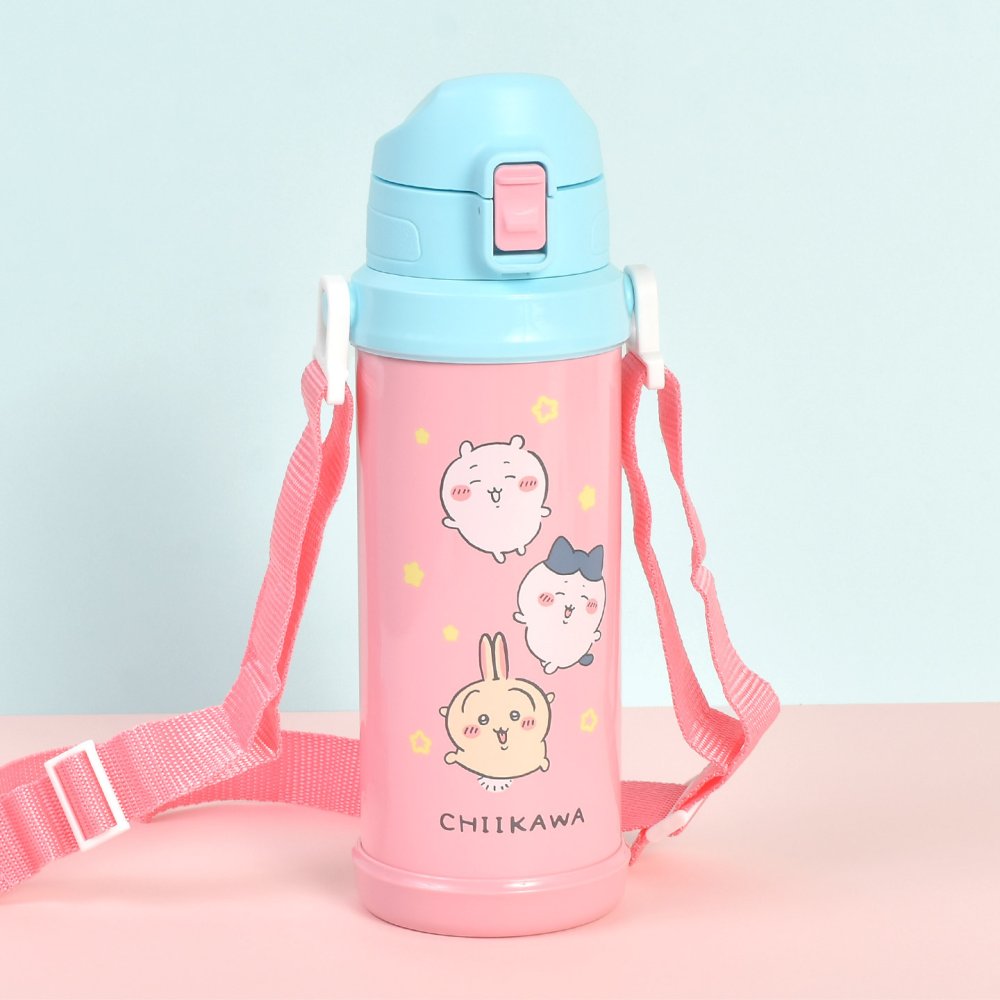 水筒 キッズ ちいかわ 保冷 軽量 800ml 直飲み ステンレスボトル ワンタッチ 子供 女の子 小学生 キャラクター キッズボトル かわいい 肩掛け ショルダー ストラップ付き ハチワレ うさぎ ピンク ブルー 魔法瓶 通園 通学 大きい ドリンクボトル 幼稚園 学校 斜めがけ 軽い