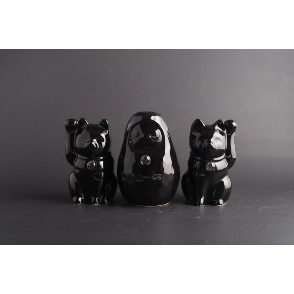 【縁起物×天然石】Jeramic開運招福セット / 招き猫×だるま / 黒 / 3体セット / ギフトボックス付き / 瀬戸焼 置物【送料無料（北海道・沖縄を除く）】