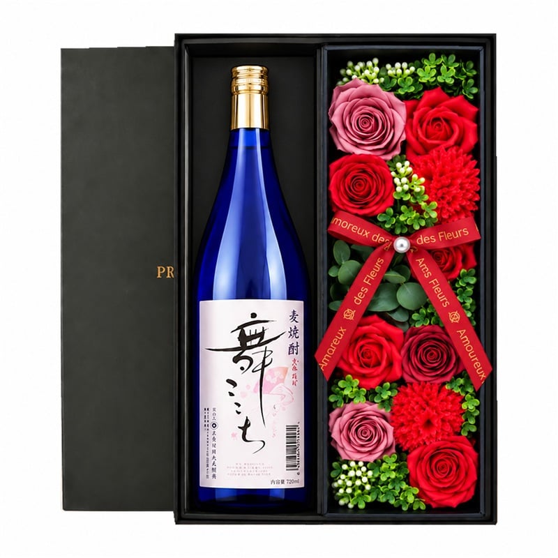 麦焼酎 舞ここち 720mlセット お酒 ギフト セット 贈答 麦 麦焼酎 メッセージ プレゼント ソープフラワー フラワーボックス 花 お花 定年退職 還暦祝い 退職祝い 男性 女性 お祝い 古希 喜寿 傘寿 米寿 卒寿 白寿 百寿