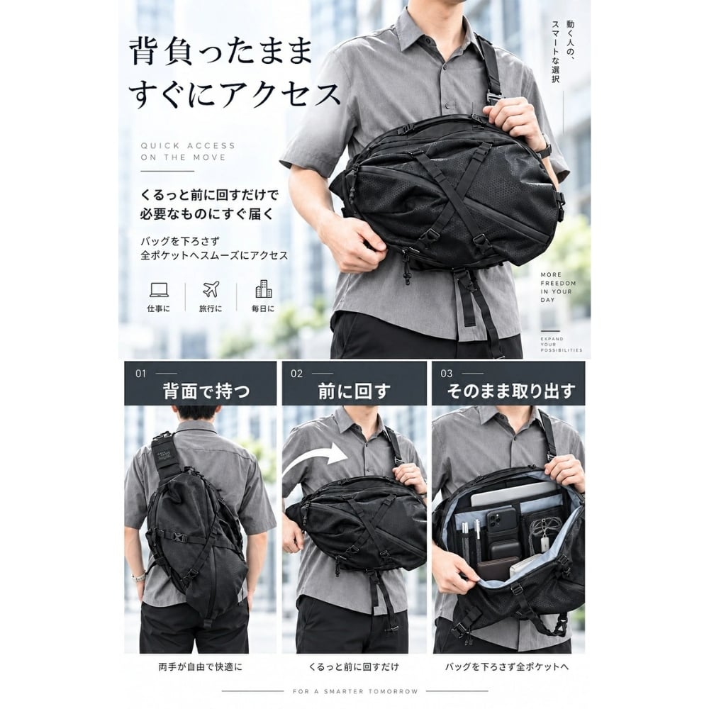 【ラッピング無料】Gran Walker ALPHA-PACK 23L 大容量 拡張式 ボディバッグ メンズ 多機能 スリングバッグ ガジェット収納 通勤 通学 旅行 ギフト 釣り キャンプ