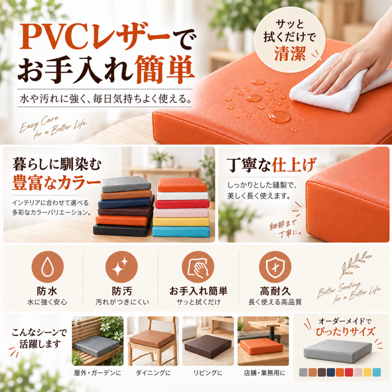 オーダーメイド クッション 1,980円～ サイズ指定可 PVCレザー　座布団 ベンチクッション 低反発＋高反発 洗えるカバー 椅子 ソファ用椅子 カバー取り外し可能 無地 洗える リビング ダイニング ソファクッション 高反発