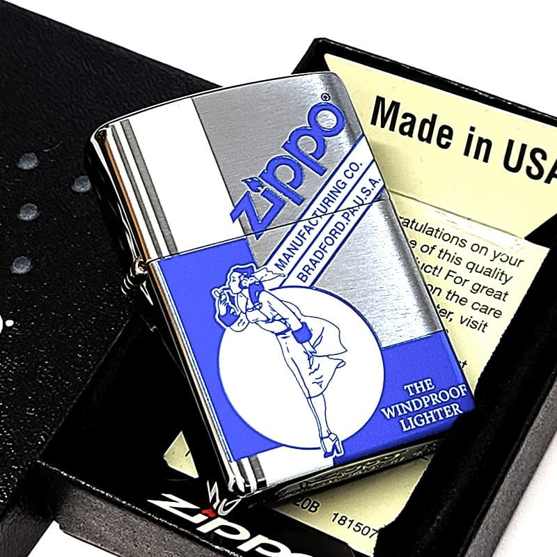 ZIPPO ライター ウィンディ ジッポ ロゴ Windy ブルー シルバーサテン かわいい クラシック 銀 青 レディース メンズ おしゃれ ギフト プレゼント