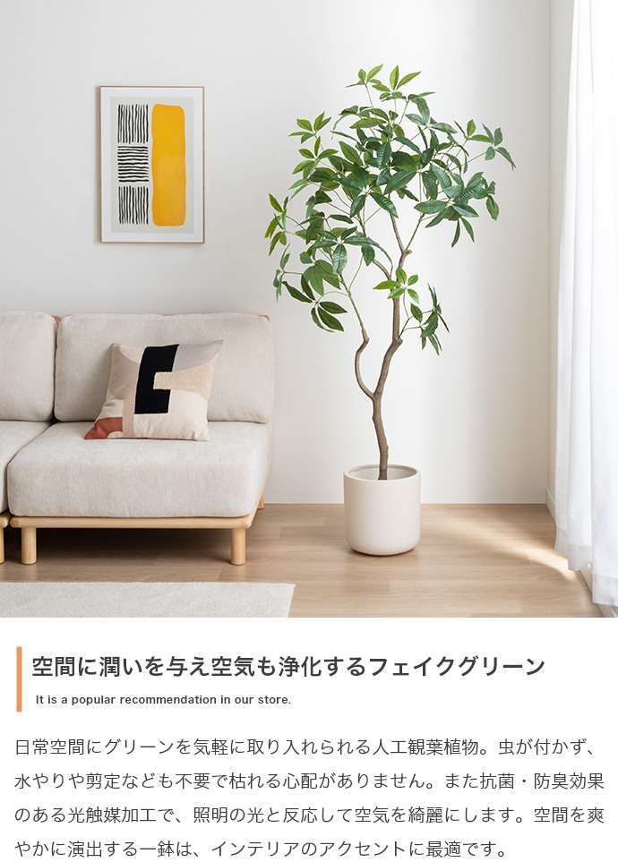 【高さ160cm】光触媒人工観葉植物 パキラ 曲がり 幅72cm×奥行50cm×高さ160cm オフィス 天然木 組立品 お部屋に気軽に飾れて空間を美しく彩るフェイクグリーン 本物の植物のようなリアルな質感とインテリアに馴染む風合いが魅力です