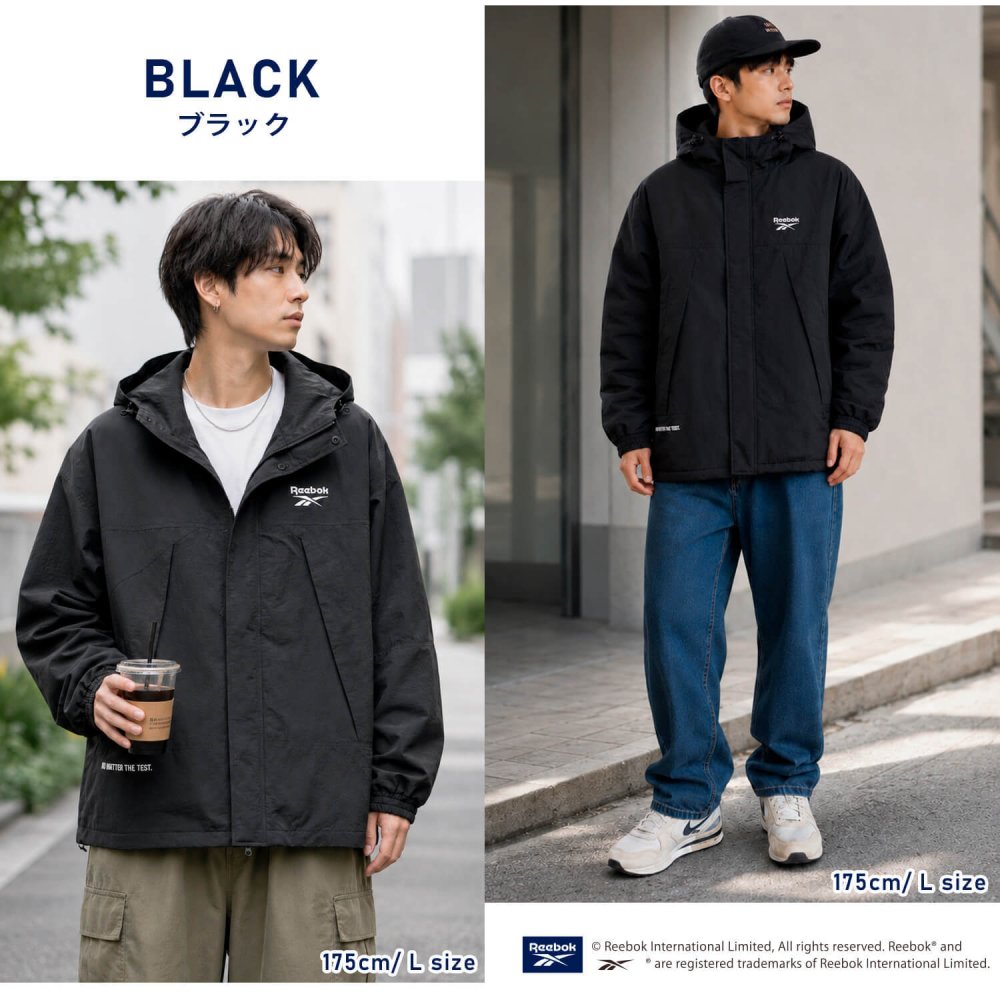 【予約】Reebok リーボック マウンテンパーカー メンズ 長袖 アウター ブルゾン スタンド フルジップ フーディ 中綿 キルト 軽量 防風 あたたかい ロゴ 刺繍  ブランド 大きいサイズ ゆったり ユニセックス 春 秋 冬 M L LL 黒 紺 2026fw karlas