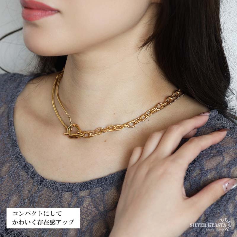 ステンレス ロングネックレス ぷっくりマンテル ギザギザアズキ スネーク Y字 チョーカー ラリエット 二重巻き ショートネックレス ゴールド 18KGP レディース 女性 金属アレルギー対応