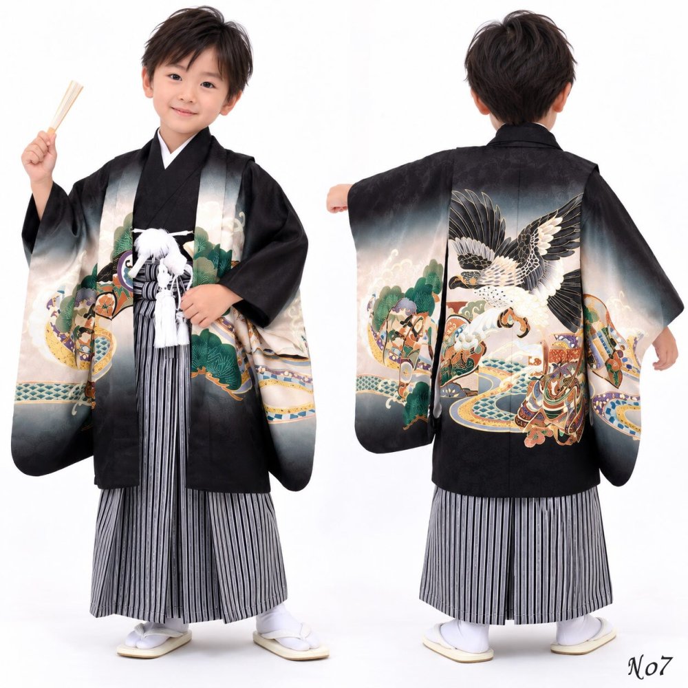 七五三 着物 男の子 5歳 袴 PO-120 購入 販売 鷹兜松 鷹 兜 男児 753 羽織袴 羽織 袴セット 男の子袴 セット 和装 レトロ 龍 子供 五歳 5才 お正月 ボーイズ