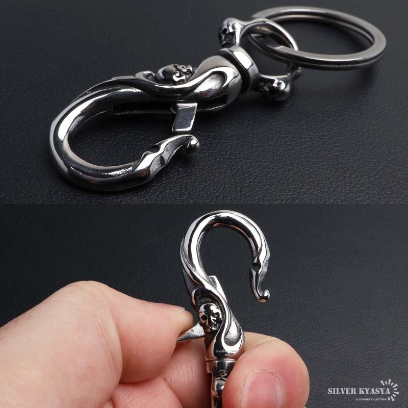ステンレス スカルキーリング 龍 キーホルダー キーフック クリップ キーチェーン ゴールド 燻し アンティーク ベルトループ 重厚感 ドクロ 鍵 小物
