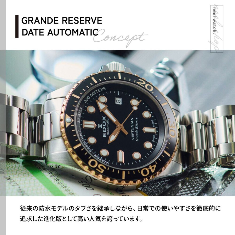 エドックス EDOX ネプチュニアン グランデ リザーブ デイト オートマティック 腕時計 メンズ 自動巻き ダイバーズウォッチ 80801-3NRM-NIR NEPTUNIAN