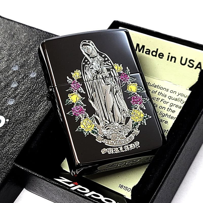 ZIPPO マリア＆ローズ ブラックニッケル パープル イエロー ジッポ ライター 黒 エッチング彫刻 薔薇 おしゃれ Ave Maria 紫 黄 ギフト プレゼント メンズ レディース