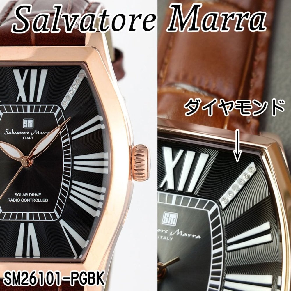 【送料無料】（お取り寄せ）腕時計メンズ 【Salvatore Marra】サルバトーレマーラ 電波ソーラー腕時計 ダイヤモンド配置 ローマインデックス 革ベルト SM26101-PGBK ブランド 人気 シンプル 高級感 エレガント ウォッチ カジュアル フォーマル 誕生日 [SM26101-PGBK]