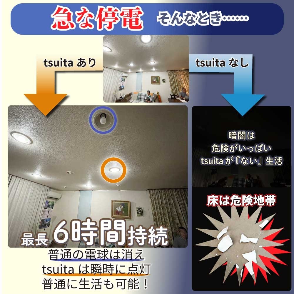 停電でも消えない電球 いつでもランプ tsuita ツイタ 2個セッ ト LED電球 50W相当 E26 昼白色 電球色 停電時 自動点灯 蓄電式 内蔵バッテリー 非常灯 防災ライト 防災電球 地震 災害 停電対策 避難用品 防災グッズ 備蓄 家庭用 実用的 プレゼント