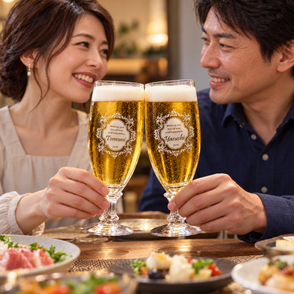 退職 異動 名入れ ペアギフト SXX 酒セット ノンアルコール スパークリングワイン デュク・ドゥ・モンターニュ 750ml & デザインビアグラス 2点 デコ仕上げ ボトルネックレス・コサージュ付 布張りBOX入り / プレゼント ギフト 両親 夫婦 結婚 金婚式 銀婚式 退職 記念 誕生日 長寿 祝い