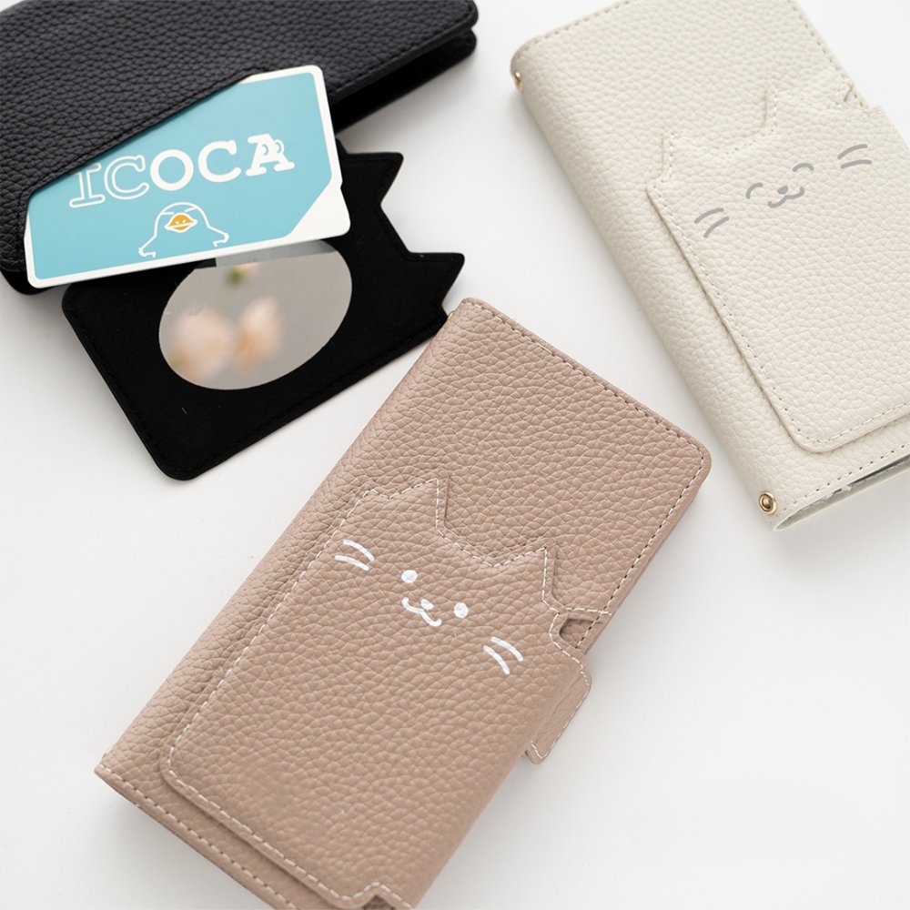 多機能対応 スマホケース 手帳型 【 クイックカードポケット付き ねこフラップ -シンプルフェイス- 】 ミラー付き スタンド ねこ くすみカラー プレゼント iPhone Google