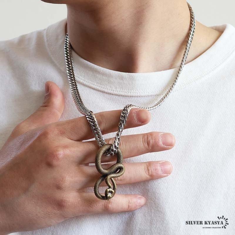 ステンレス スネークネックレス ヘビ ペンダントネックレス ダブル喜平チェーン 6面カット ごつめ ゴールド シルバー 燻し アニマル ユニーク リアル 鱗 メンズ 男性 金属アレルギー対応