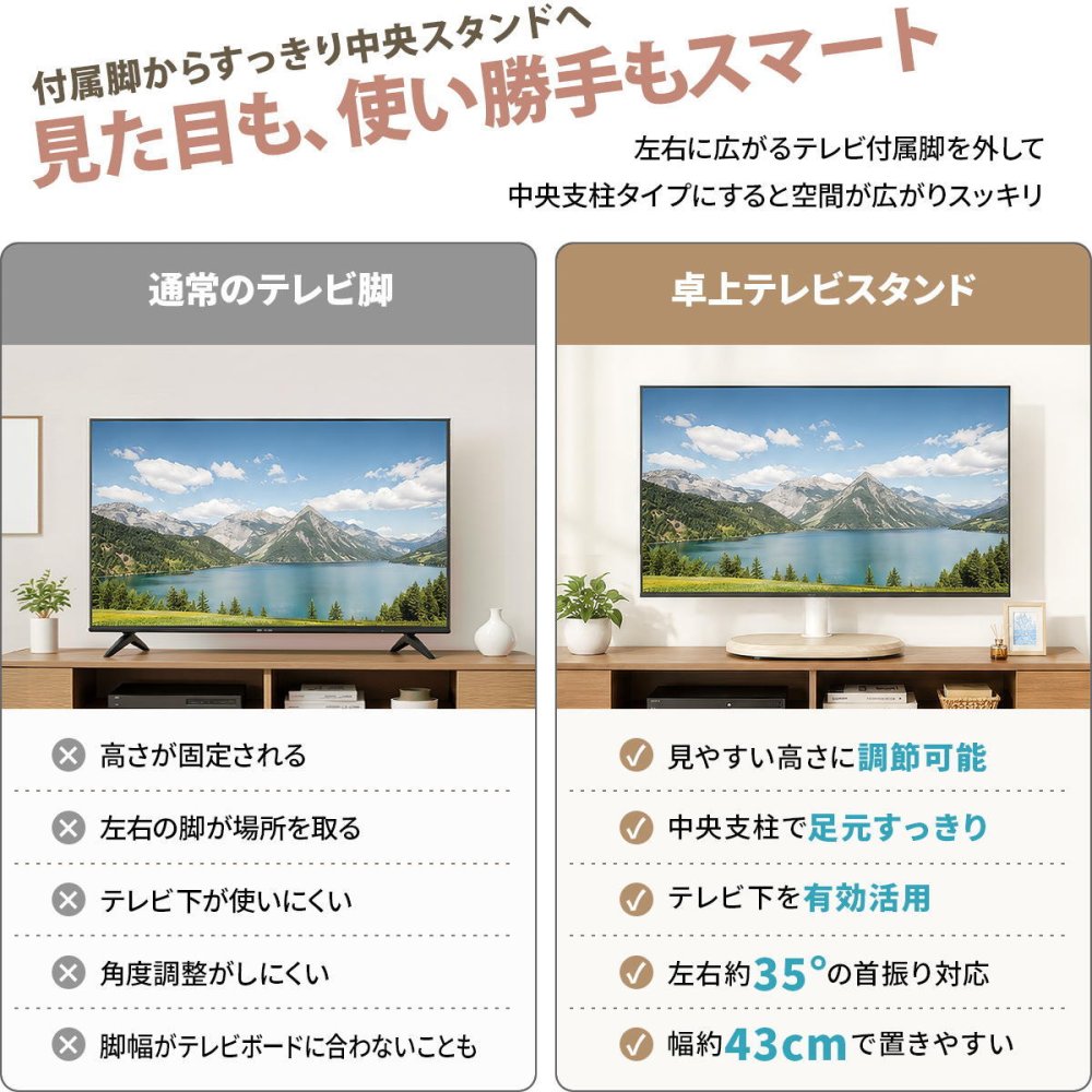 卓上TVスタンド colon ONTV0433 テレビスタンド 幅43cm 奥行 23cm 高さ 49～65cm テレビボード 木目調デザイン 首振り機能 ナチュラル シンプルデザイン 楕円形 MDF スチール リビング 寝室 一人暮らし シンプル 木目調デザ 新生活