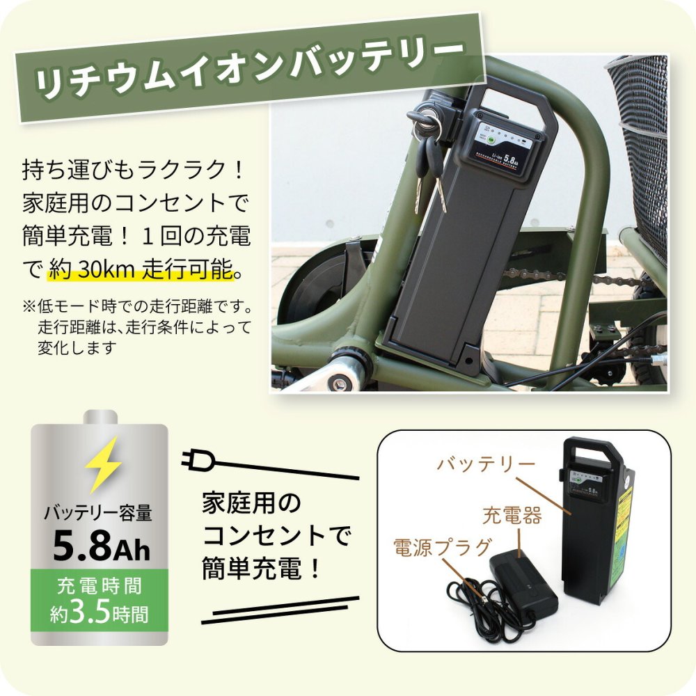 電動アシスト三輪自転車 E-PARTON PLUS イーパートンプラス BEPN18PN ノーパンクタイヤ ロータイプ 18インチ 3輪 電動自転車 サドル高67.5cm～ 適応身長128cm～ アシスト3モード ブラシレスモーター 前後カゴ バスケット LEDライト スイング機能 マットカーキ 買い物 お出かけ ご両親 祖父母 新生活 メーカー直送