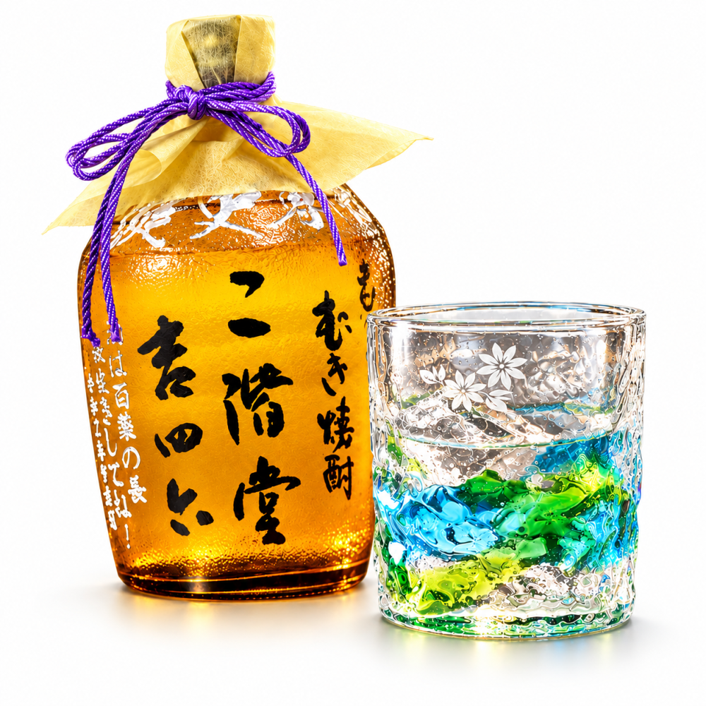 卒業 退職 名入れ ギフト SXX 酒セット むぎ焼酎 二階堂 吉四六 720ml 瓶 & 琉球ガラス 元祖 美ら海 ロックタンブラー 紐リボン付 木箱入り / プレゼント ギフト 退職 記念 誕生日 還暦 古希 喜寿 傘寿 早寿 長寿 祝い