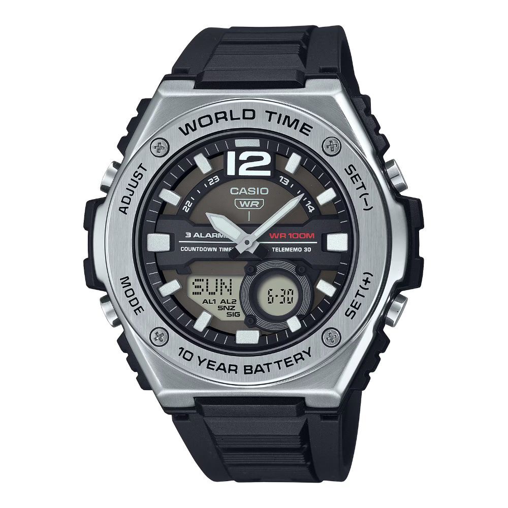 箱なし カシオ 腕時計 メンズ ブラック シルバー アナデジ CASIO 海外モデル 10年電池 100m防水 ワールドタイム ストップウォッチ タイマー アラーム スポーツ プレゼント ギフト 成人 卒業 入学