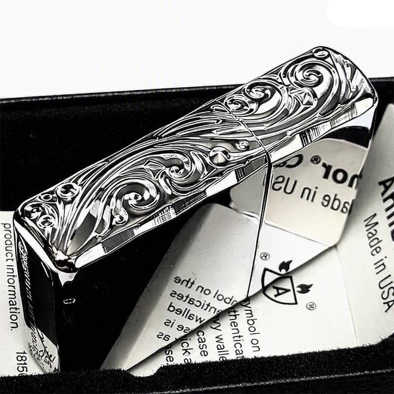 ZIPPO ライター アーマー ストリームエングレーブ 三面彫刻 ジッポ 鏡面仕上げ 両面加工 シャインレイカット ニッケルミラー アラベスク シルバー かっこいい 重厚 高級 おしゃれ メンズ ギフト プレゼント