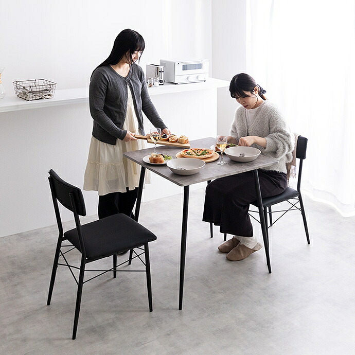 ダイニング家具 【3点セット】 ダイニングテーブルセット 食卓 チェア 椅子 机 リビング カフェ 大理石 石目柄 一人暮らし 一人用 黒脚 幅70 2人掛け 3点 在宅 リモートワーク 軽量 いす イス 正方形 PVC スチール