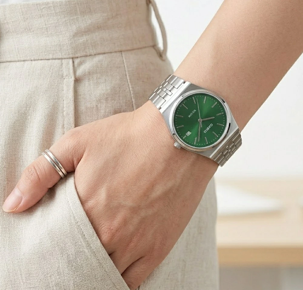 箱なし カシオ 腕時計 メンズ レディース CASIO グリーン 緑 シルバー メタル ステンレス 海外モデル 逆輸入 薄型 5気圧防水 日付 カレンダー シンプル レトロ 仕事 誕生日 父の日 プレゼント ギフト 成人 卒業 入学