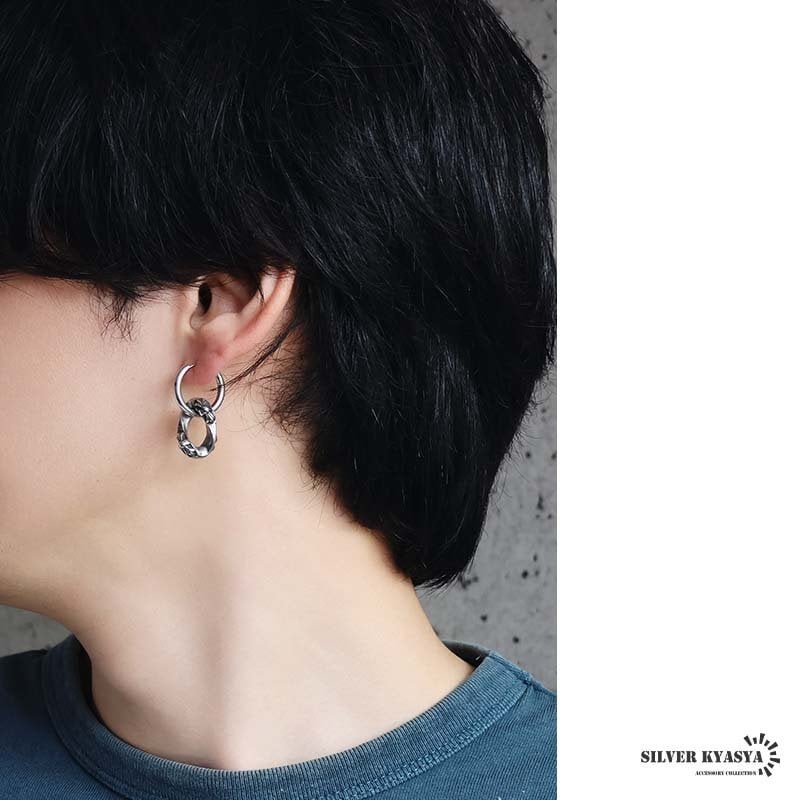 ステンレス チェーンの一コマピアス ドロップ クロス フープピアス ごつめ 揺れる かっこいい シルバー 片耳1点 十字架 大きめ 存在感 メタル メンズ 男性 金属アレルギー対応 イヤリング