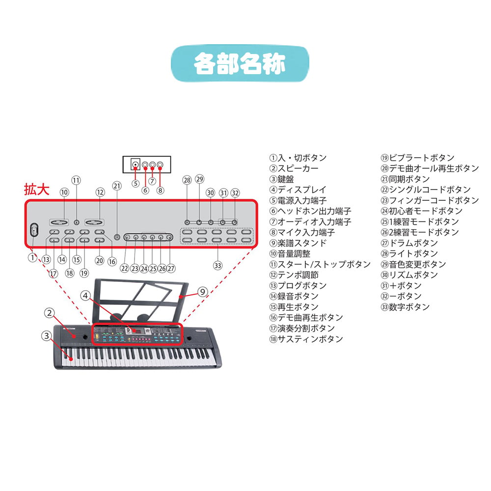 光る鍵盤 電子ピアノキーボード ガイド機能付き ピアノ 61鍵盤 音色200種類 60曲収録 楽譜スタンド マイク付き