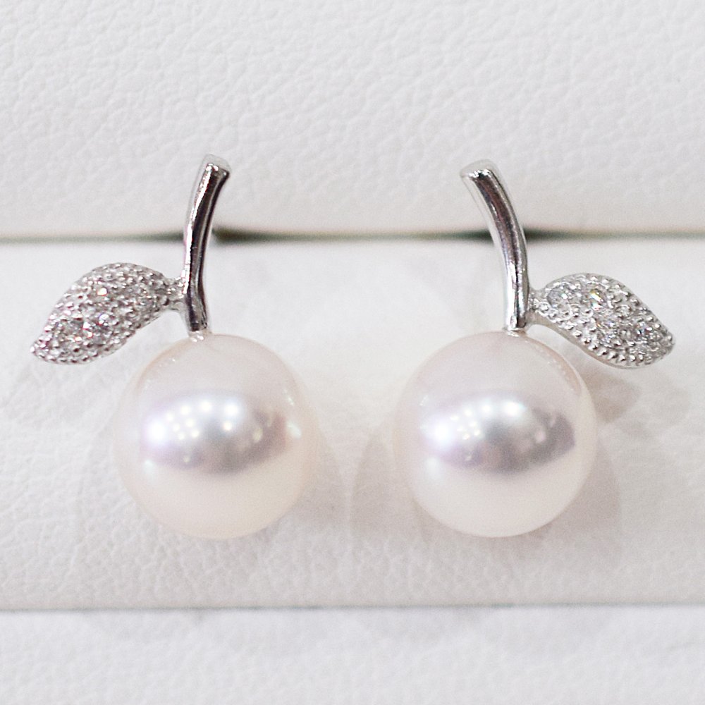 ［pearl553］ 7.5mm -  8mm パール ピアス リンゴ ダイヤ あこや真珠 K18WG 0.02ct ダイヤモンド 珍珠 天草