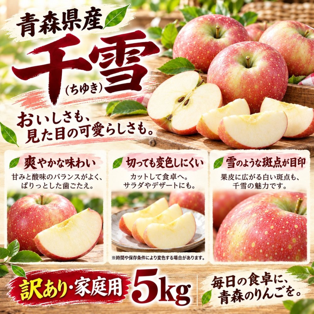 青森県産 りんご 千雪（ちゆき） 訳あり 家庭用 5kg 15～23玉 送料無料