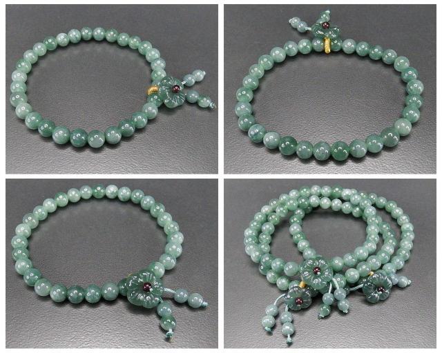 天然翡翠ブレスレット梅の花彫りチャーム付き約6mm玉濃いめ天然石本ひすい
