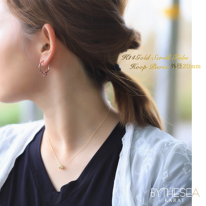 ハワイアンジュエリー フープピアス ピアス ピンクゴールド ピアス 外径20mm クロッシングピアス スクロールチューブ 大ぶり ゴールド 揺れる 片耳(1個)購入可 K14 14KPM2053 彼女 妻 女性 レディース プレゼント ハロウィン 【品番：GE233R】