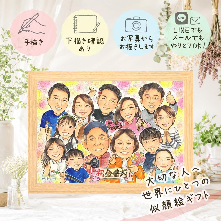 金婚式 ギフト 似顔絵 名入れ プレゼント 手描き 贈り物 金婚式 結婚記念日 お祝い 記念日 結婚50周年 大人数 祖父母 お父さん 両親 お母さん 夫婦 家族 下書き確認 名入れ 修正無料 似てる 実績多数 一生もの そっくり 長寿 感謝 思い出 50周年 サプライズ 還暦祝い 感動 百寿祝い カラフル 米寿祝い ブライダルギフト キレイ 二次会 結婚祝い
