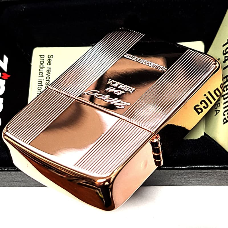 ZIPPO 1941復刻 プレミアムシャイン 鏡面カッパー ジッポ ライター ロゴ 両面加工 ストライプ おしゃれ 丸角 高級 かっこいい メンズ ギフト プレゼント