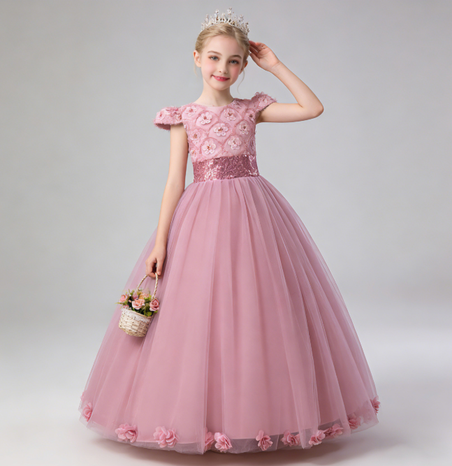 子供ドレス キッズドレス ロングドレス プリンセスドレス 発表会 結婚式 フォーマルドレス 女の子 ワンピース チュール 花柄 キラキラ お姫様ドレス 110～160cm パープル　ピンク　ブルー　レッド