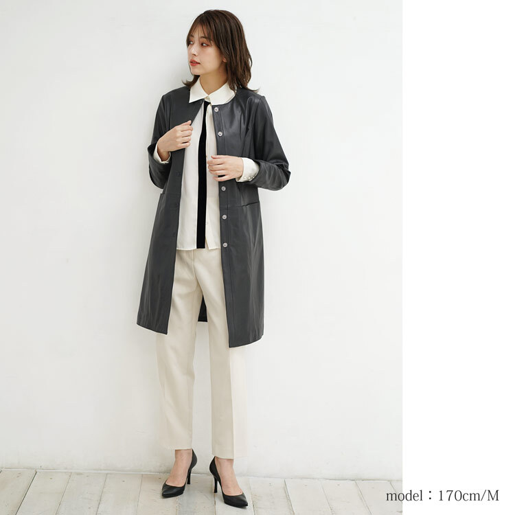 レザー コート アウター レディース ラムレザー 本革 ノーカラー ロングコート 秋 冬 春 ブランド Filomo 女性 スプリングコート 上品 軽量 シンプル 春 秋 冬 おしゃれ 大人 母 羊革 ノーカラーコート レザーコート ギフト プレゼント 6F (04000085r)